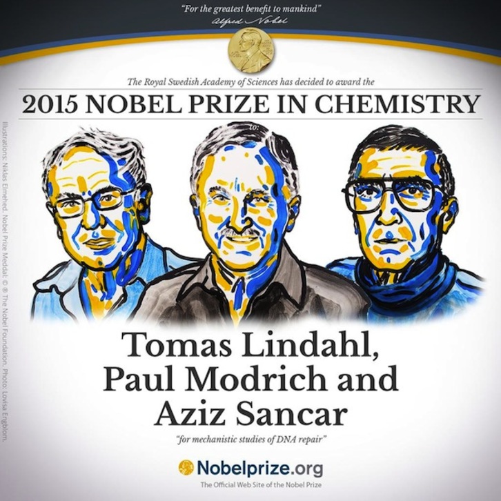 Los tres premiados con el Nobel de Química 2015. (@NobelPrize)