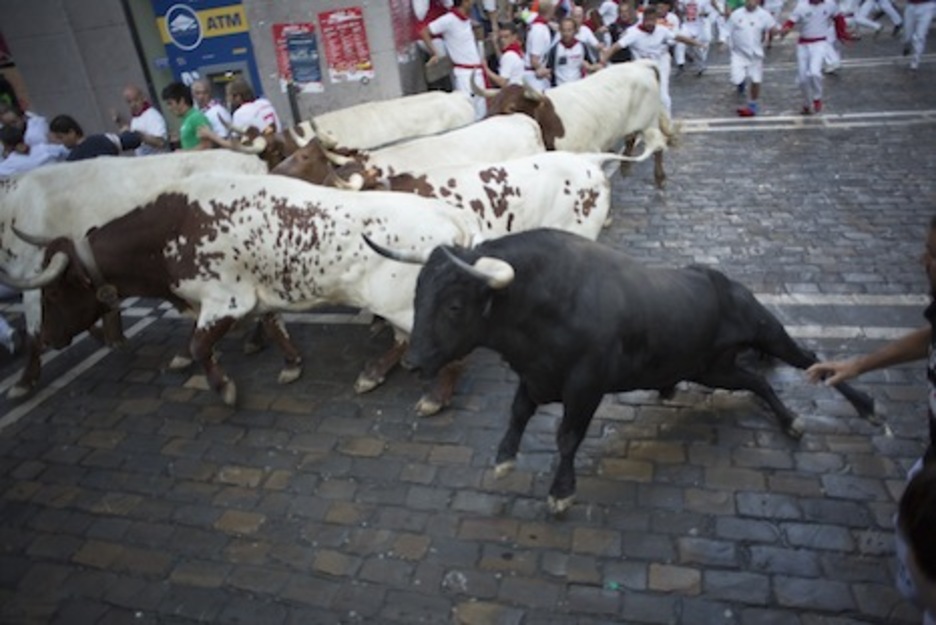 Un toro arropado por los mansos resbala en los adoquines (Lander ARROYABE/ARGAZKI PRESS)