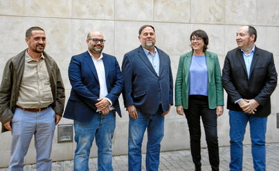 Mateu Mates, Rubén Cela, Oriol Junqueras, Diana Riba y Pernando Barrena, ayer en Barcelona.