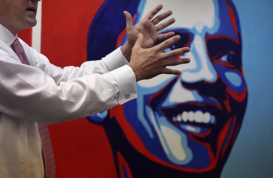 Un retrato de Obama preside un acto demócrata en Ohio. (John MOORE/AFP PHOTO)