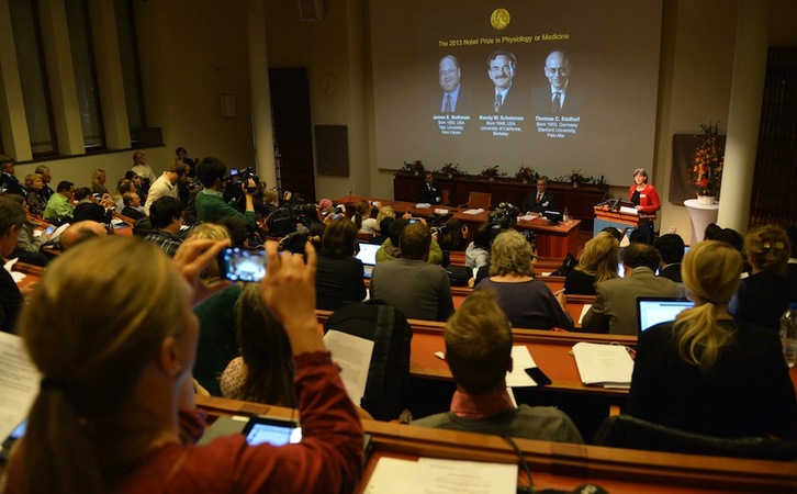 Periodistas siguen la conferencia en la que se han anunciado los Nobel de Medicina. (Jonathan NACKSTRAND/AFP) 