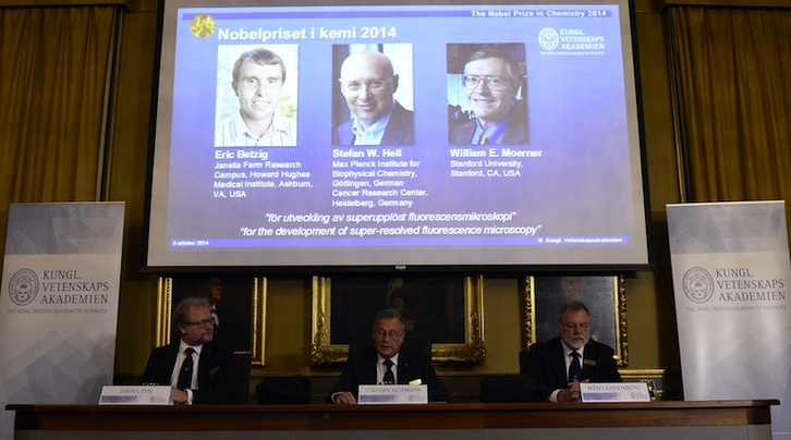 Lectura del fallo por parte del jurado del Nobel de Química. (Jonathan NACKSTRAND / AFP)