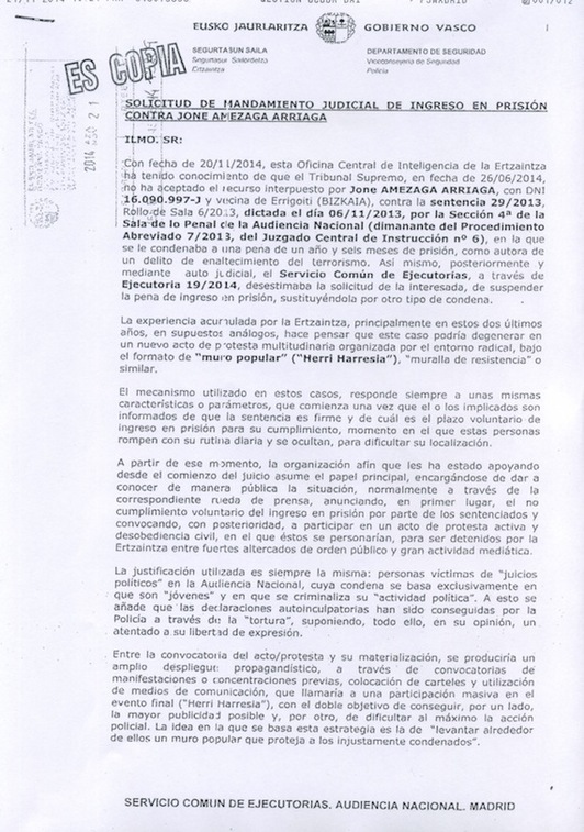 Extracto de la ejecutoria de la Ertzaintza en la que se alerta de la celebración de ‘muros populares’.