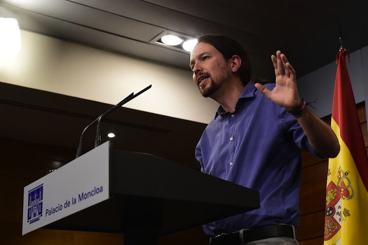 Pablo Iglesias, en su comparecencia en La Moncloa. (Javier SORIANO / AFP)