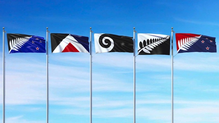 Cinco banderas para una «ganadora» que se enfrentará a la bandera actual en la segunda fase del referéndum. (NZ Government)