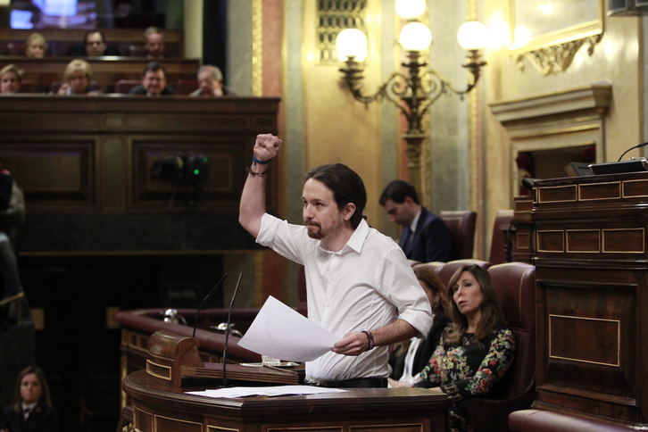 El secretario general de Podemos, Pablo Iglesias, durante su alocución. (J. DANAE/ARGAZKI PRESS)