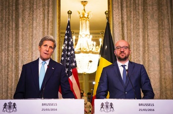 Kerry y Michel durante su comparecencia conjunta en Bruselas. (Laurie  DIEFFEMBACQ / AFP)
