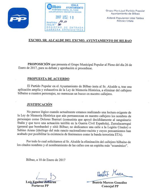 Moción presentada por el PP que ha difundido EH Bildu en twitter. (@ehbildubilbo)