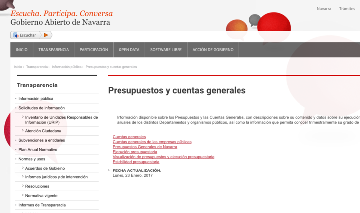 Imagen de la página web en la que se ofrece información detallada sobre los Presupuestos Generales de Nafarroa.