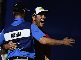 John Rahm golf-jokalari bizkaitarra, atzo, San Diegon. (Donald MIRALLE/AFP)