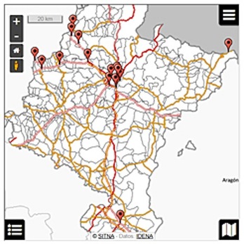 Posición sobre el mapa de la red de carreteras de Navarra de las 16 cámaras accesibles en la web del Ejecutivo. (GOBIERNO DE NAFARROA)