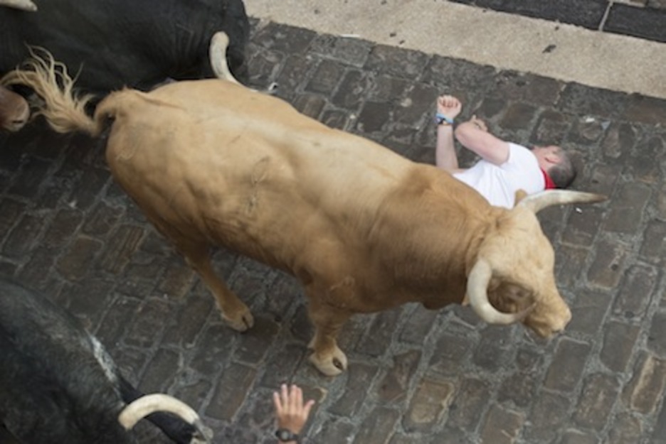 Un mozo cae ante Pitorro, el toro melocotón, en la parte superior de la cuesta de Santo Domingo. (Gorka RUBIO/ARGAZKI PRESS)