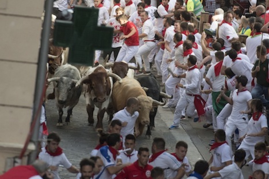 La torada avanza por Santo Domingo con Pitorro en cabeza. (Gorka RUBIO/ARGAZKI PRESS)