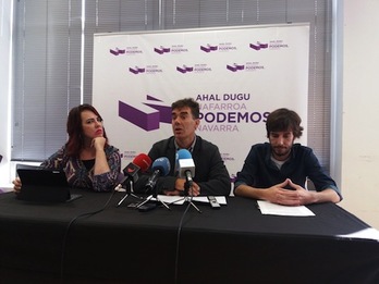 Imagen de la rueda de prensa ofrecida por los responsables de la formación morada en Nafarroa. (PODEMOS)