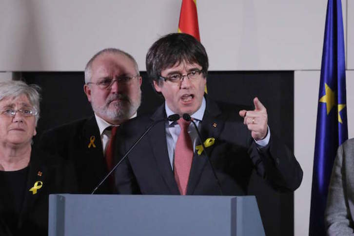 Pugidemont, durante su intervención en Bruselas. (ARIS OIKONOMOU / AFP)