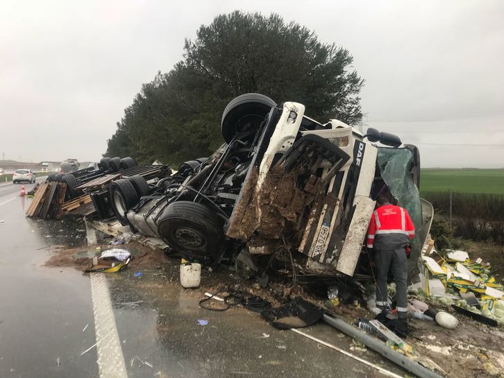 El camión ha volcado en la AP-15, a la altura de Marcilla. (Policía Foral)