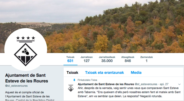 El perfil de Twitter del Ayuntamiento de Sant Esteve de les Roures