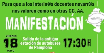 Los docentes interinos de Nafarroa ha convocado una manifestación para mañana viernes día 18.