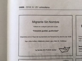 Esquela publicada por GARA en la que se recuerda a los migrantes fallecidos en su intento de alcanzar una vida digna.