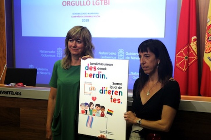 Ana Ollo, consejera de Relaciones Ciudadanas e Institucionales, y Mertxe Leranoz, directora gerente del INAI, en la presentación de la campaña en favor de la igualdad, (GOBIERNO DE NAFARROA)