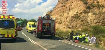 Los servicios sanitarios atienden a las víctimas del accidente de Azagra. (POLICÍA FORAL)