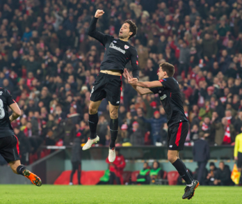 Etxeita celebrando el gol marcado ante el Spartak. (Monika DEL VALLE / FOKU)