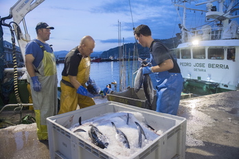 Arrantzales trabajando en el puerto de Getaria, en el inicio de la campaña del bonito de 2017. (Juan Carlos RUIZ/FOKU)