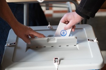 Una persona deposita su voto en una urna en Tallín. (Raigo PAJULA/AFP)
