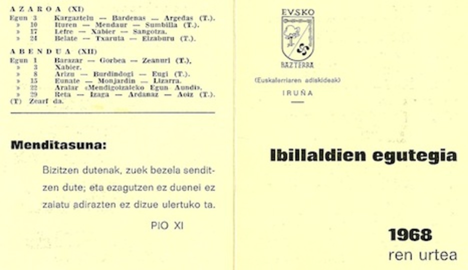 Calendario de salidas del año 1968. (Cedida EUSKO BAZTERRA)