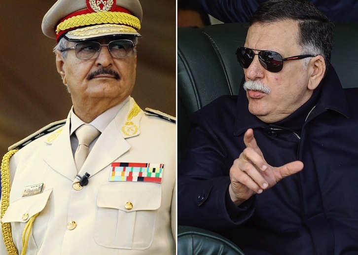 Imagen de Khalifa Haftar (izq) y de Fayez al-Serraj, los dos contendientes de la nueva guerra de Libia (Mahmud TURKIA / AFP)