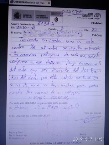  Imagen de la carta emitida por el recluso difundida por el diario ‘Público’.