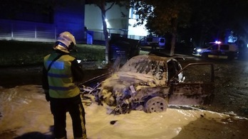 Estado en el que ha quedado el vehículo que se ha salido de la vía y ha ardido en Orkoien. (BOMBEROS DE NAFARROA)