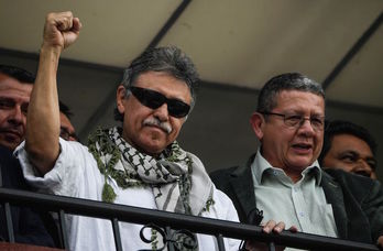 Jesús Santrich, en la sede de la FARC, tras su puesta en libertad. (Juan BARRETO/AFP)