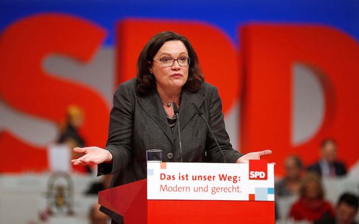 Andrea Nahles, en el congreso del SPD. (Odd ANDERSEN/AFP)