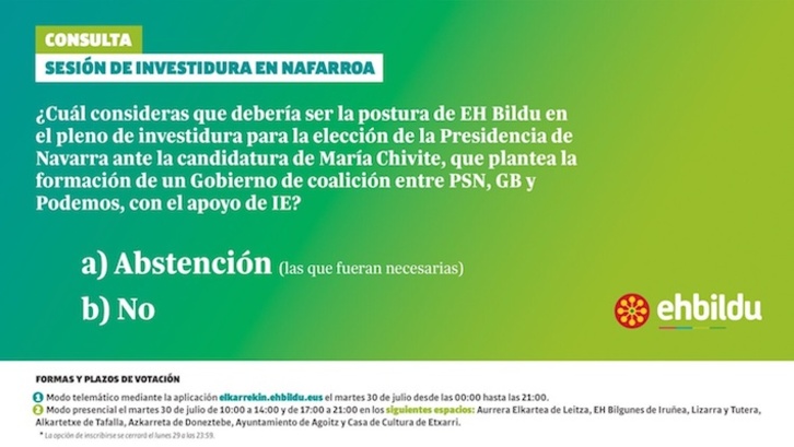 Consulta de EH Bildu a sus militantes en relación a la investidura de María Chivite. (@EHbilduNafarroa)