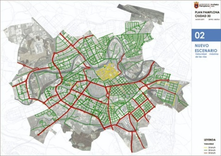 Mapa de Iruñea en el que aparecen en verde las calles con la velocidad limitada a 30 km/h.