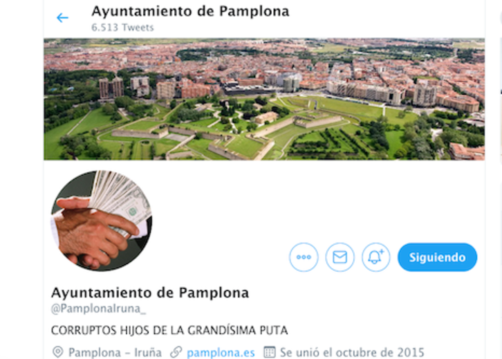 Imagen de la cuenta de Twitter del Ayuntamiento de Iruñea tras ser hackeada.