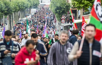 Manifestación de ELA, LAB, CCOO y UGT, el pasado 7 de junio en Bilbo. (Luis JAUREGIALTZO/FOKU)