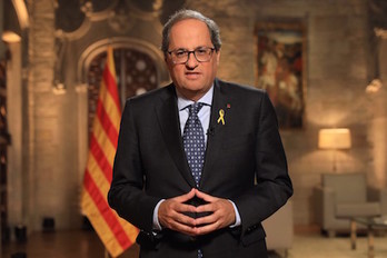 El president, Quim Torra, durante la declaración institucional. (Jordi BEDMAR)