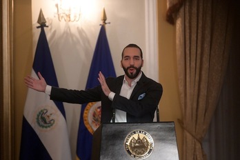 El actual presidente, Nayib Bukele, durante la rueda de prensa. (Marvin RECINOS / AFP)