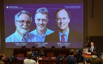 Un miembro de la Asamblea, Randall Johnson, anuncia el Nobel de Medicina mientras proyectan las fotos de los galardonados.(Jonathan NACKSTRAND / AFP)