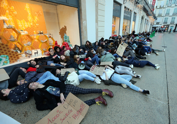 Gazteek Baionako Galeries Lafayette merkatalgunean egin duten protesta. (Bob EDME/FOKU)