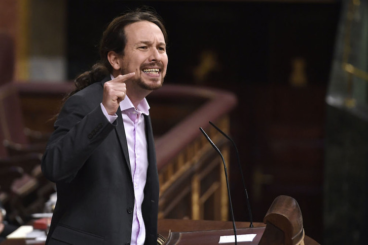 Pablo Iglesias, durante su intervención en el pleno de investidura. (Pierre-Philippe MARCOU/AFP)