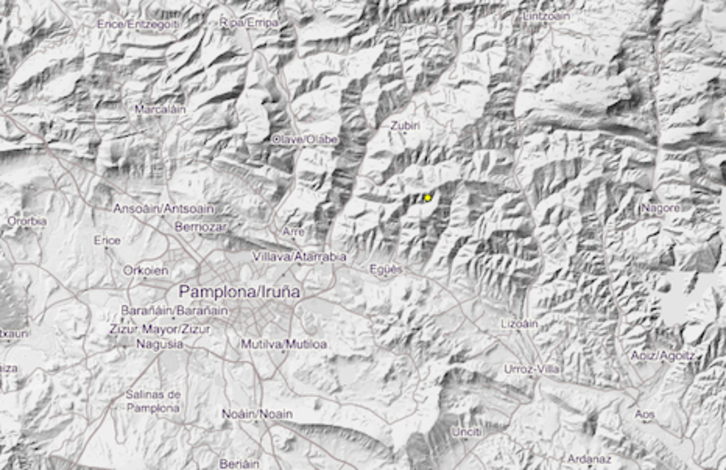 Un punto amarillo indica el lugar donde se ha registrado el epicentro del terremoto de Esteribar. (INSTITUTO GEOGRÁFICO NACIONAL)