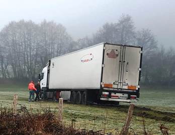 El camión afectado por la salida vía ha acabado en un prado. (FORUZAINGOA)