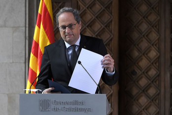 El president Quim Torra, durante su comparecencia. (Lluis GENE / AFP)