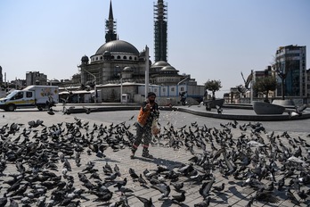 Un empleado municipal da de comer a las palomas en la plaza Taksim de Estambul. (Ozan KOSE | AFP)