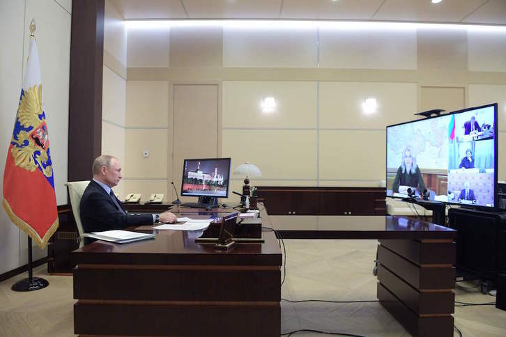 Vladimir Putin, en su comparecencia de hoy sobre el Covid-19. (Alexey DRUZHININ/SPUTNIK/AFP)