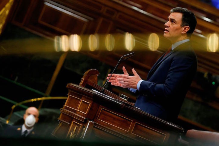 El presidente del Gobierno español, Pedro Sánchez, en la comparecencia de la semana pasada en el Congreso. (Mariscal/POOL/AFP)