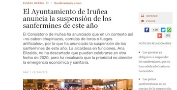 Noticias de Naiz en la que se anunciaba la suspensión de los sanfermines de este año.